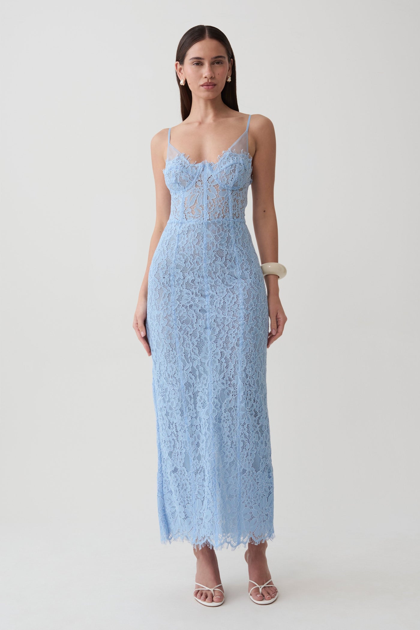 Ottilie Lace And Mesh Midi Dress - Sky Blue